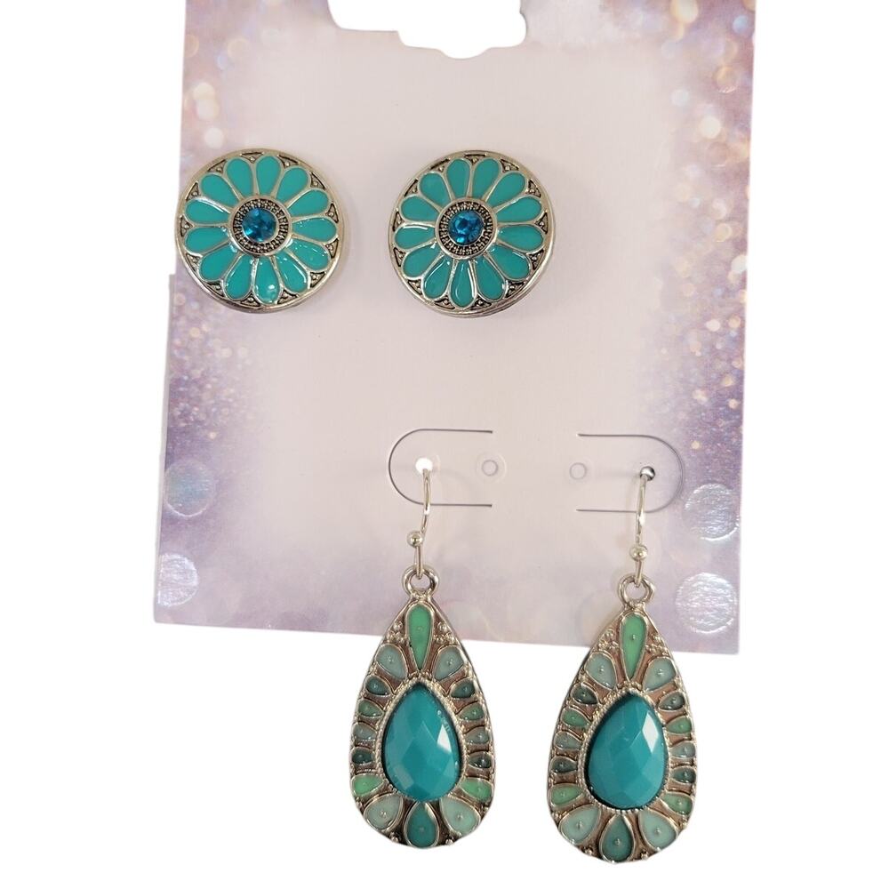 2 Pair Earring Set Teal Blue Flower Stud & Drop Dangle Boho Festival Retro Style